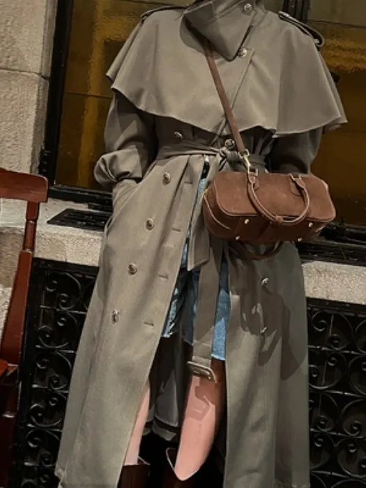 

Корейское длинное двубортное пальто с застежкой на талии и воротником для женщин, осенне-зимняя модная верхняя одежда Ele