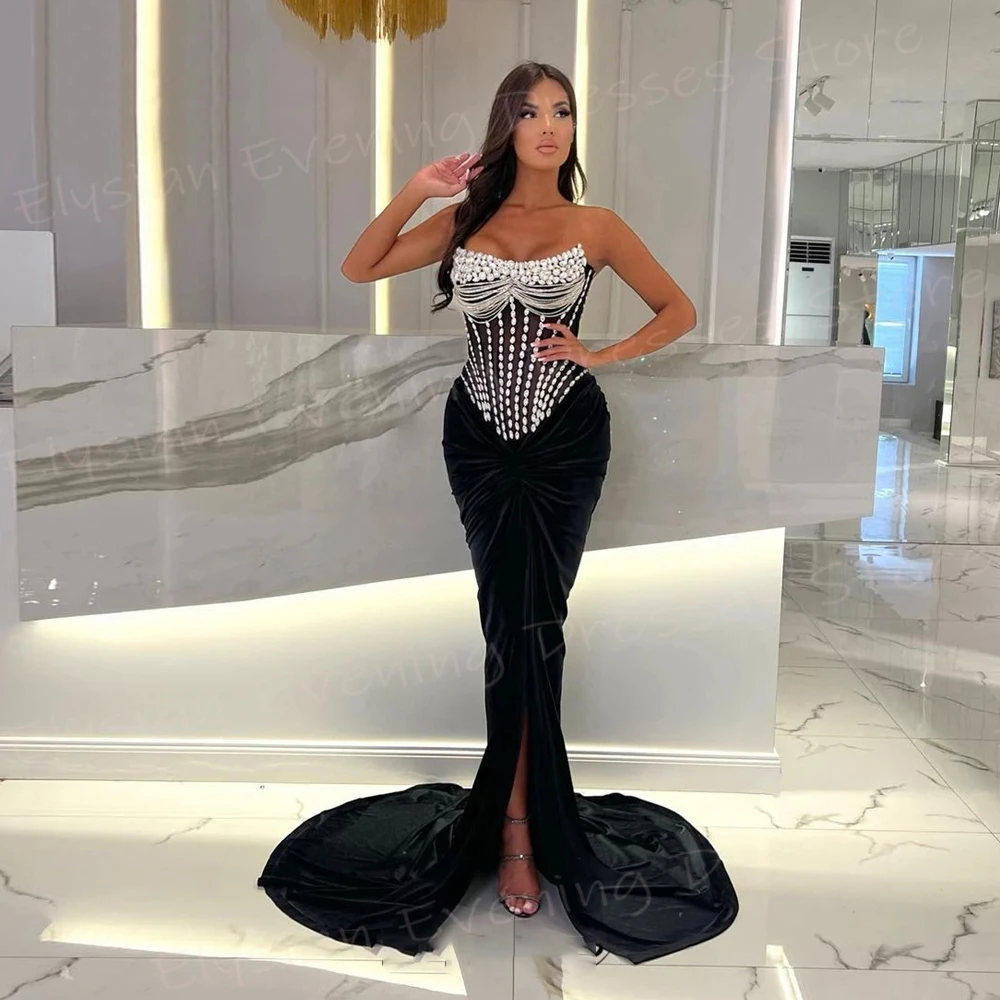 Modest Black Women\'s Mermaid Charming Evening Dresses Sexy Strapless Sleeveless Prom Gowns Formal Party Beaded Vestido De Noche