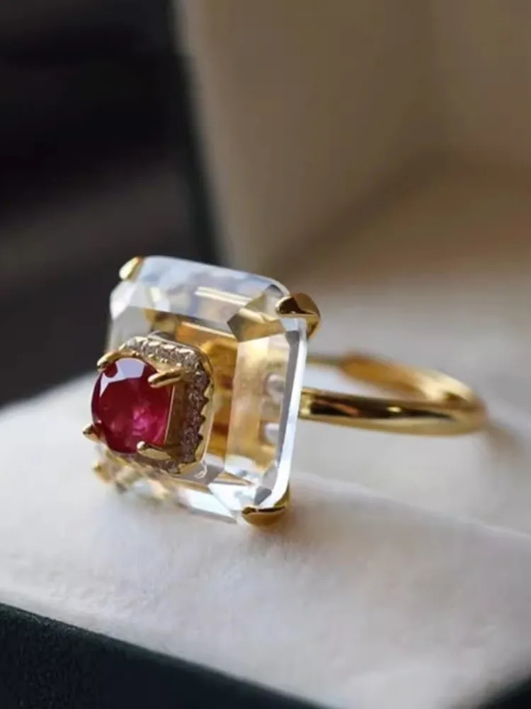 Fine Jewelry Luxury Women Crystal Ruby Square Ring S925 Sterling Silver Fashion Adjustable Rings