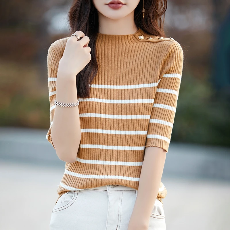 Summer New Knitted Woolen Sweater Women's Round Neck Middle Sleeve Fine Lmitation Wool Button Style Stripe Spliced Short Sleeve