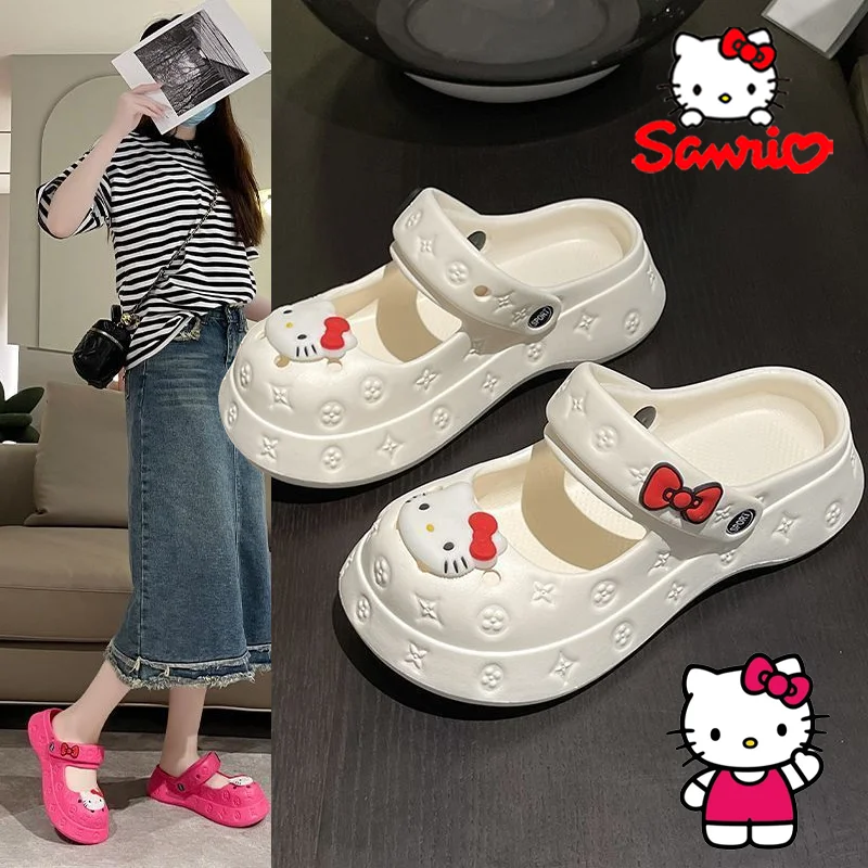 Sanurgente Hello Kitty-Pantoufles de plage coordonnantes pour filles, chaussures trouées, optique, dessin animé, doux, maison, cadeau, extérieur, astronomique, mode, été