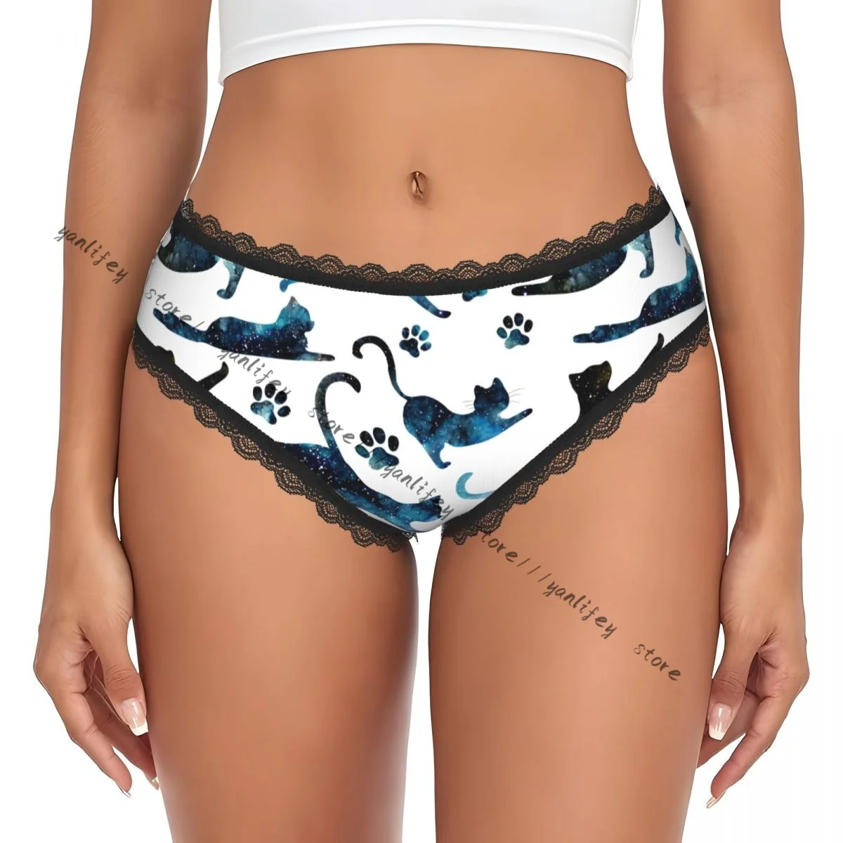 Women Lace Triangle Underwear Starry Sky And Cats Daily Panties