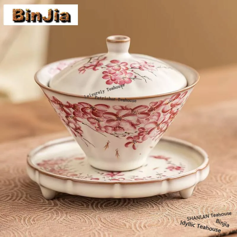 

100ml Chinese Lard Jelly Ru Kiln Gaiwan Pink Fish Play Pear Flowers Tea Tureen Bamboo Hat Tea Maker Cover Bowl Teaset Craft Gift
