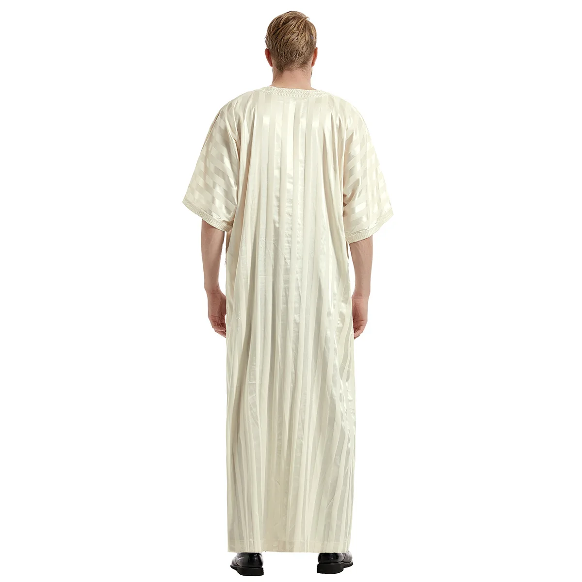 Summer Short Sleeve Men's Robe Classic Stripes Muslim Adults Abaya Islamic Jubba Thobe Eid Ramadan Satin Kaftan Ropa Arabe
