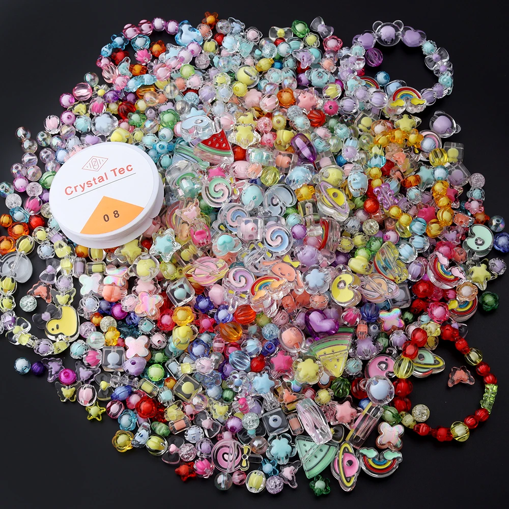 

250g Color Mix Acrylic Beads with Elastic Thread Mixed Style Charm Bead for DIY Phone Chain Bracelet Jewelry Handmade Supplies