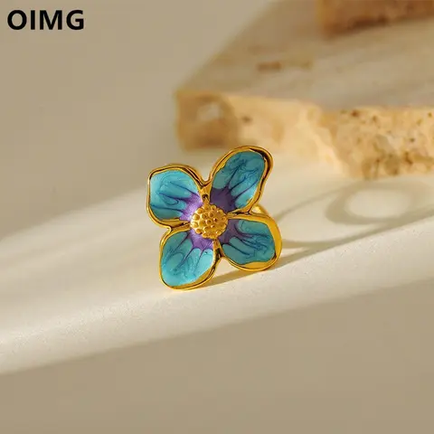 OIMG 316L Stainless Steel Elegant Blue Flower Open Ring For Women Fashion Concise Waterproof Ring Christmas Jewelry