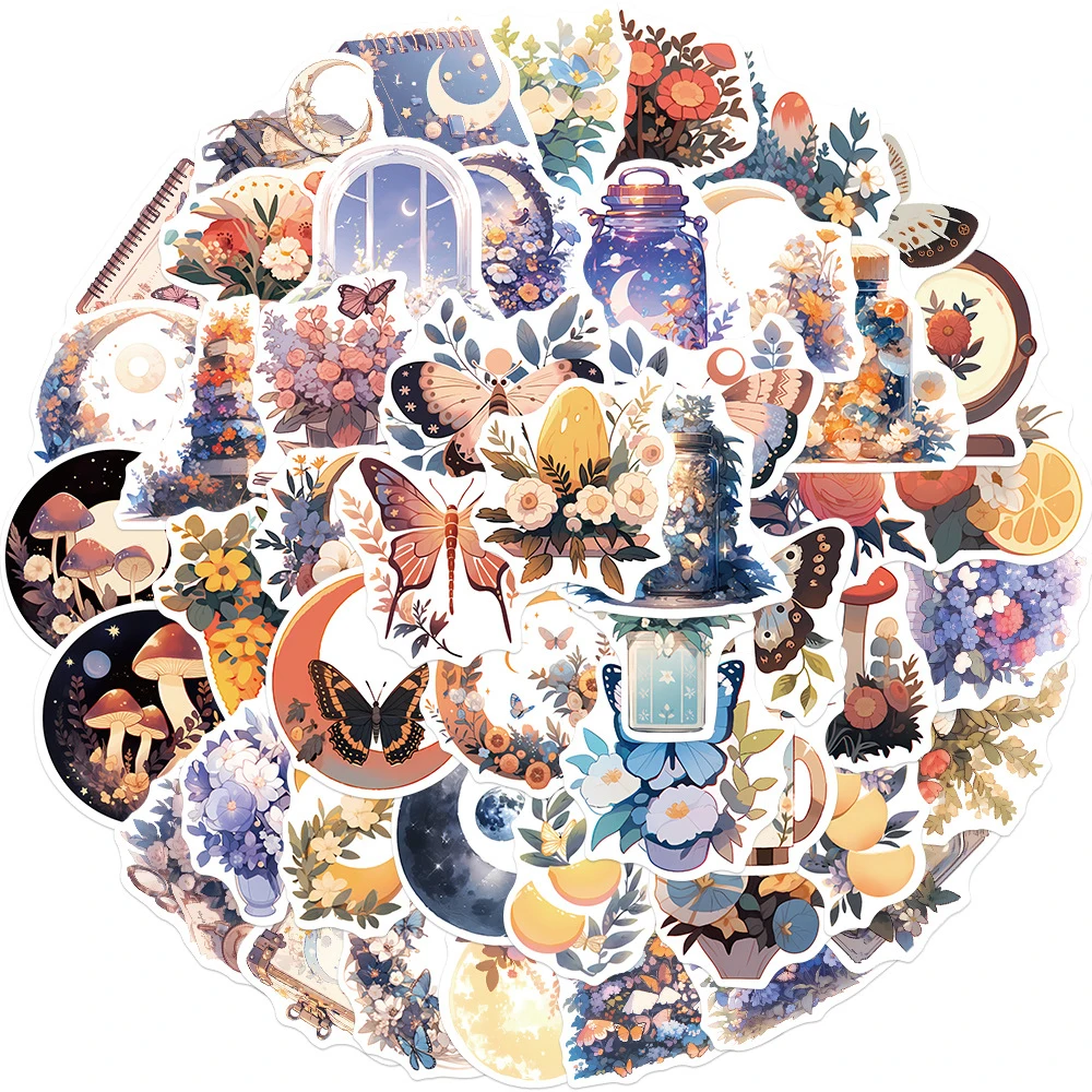 10/30/50 قطعة الرجعية غامضة القمر زهرة ملصقات الشارات الجمالية ل لوح التزلج الهاتف المحمول حقيبة DIY بها بنفسك الكرتون ملصق حزمة