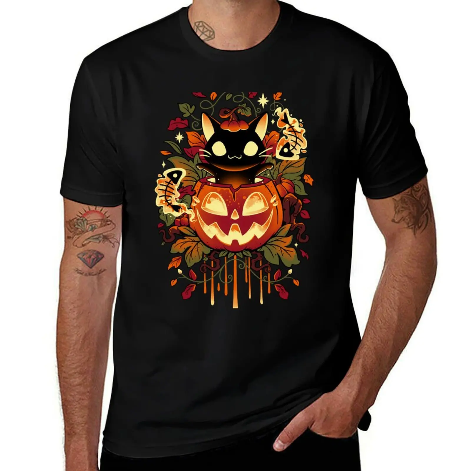 

fit casual man shirts man Cat Tricks Autumn T-Shirt shirts Pumpkin for - and Halloween Black t men t for slim