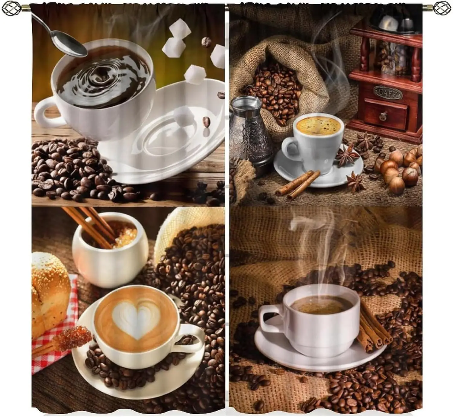 Burlap Coffee Still Life Curtain Panels, Fresh Roasted Beans Latte Cup Vintage Wooden Surface Drapes for Coffee Bar Decor