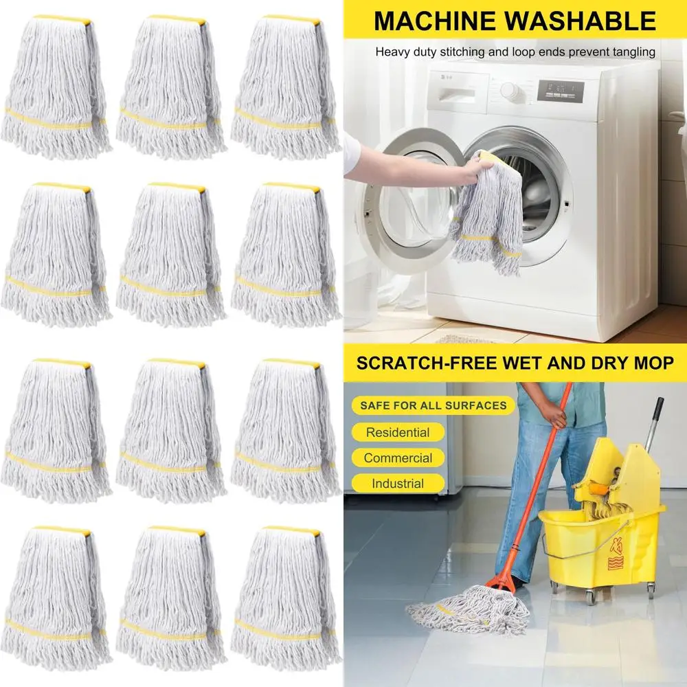 

Industrial Grade Yellow Cotton Looped End Mop Heads, 6-Pack Replacement for Heavy-Duty Floor Cleaning