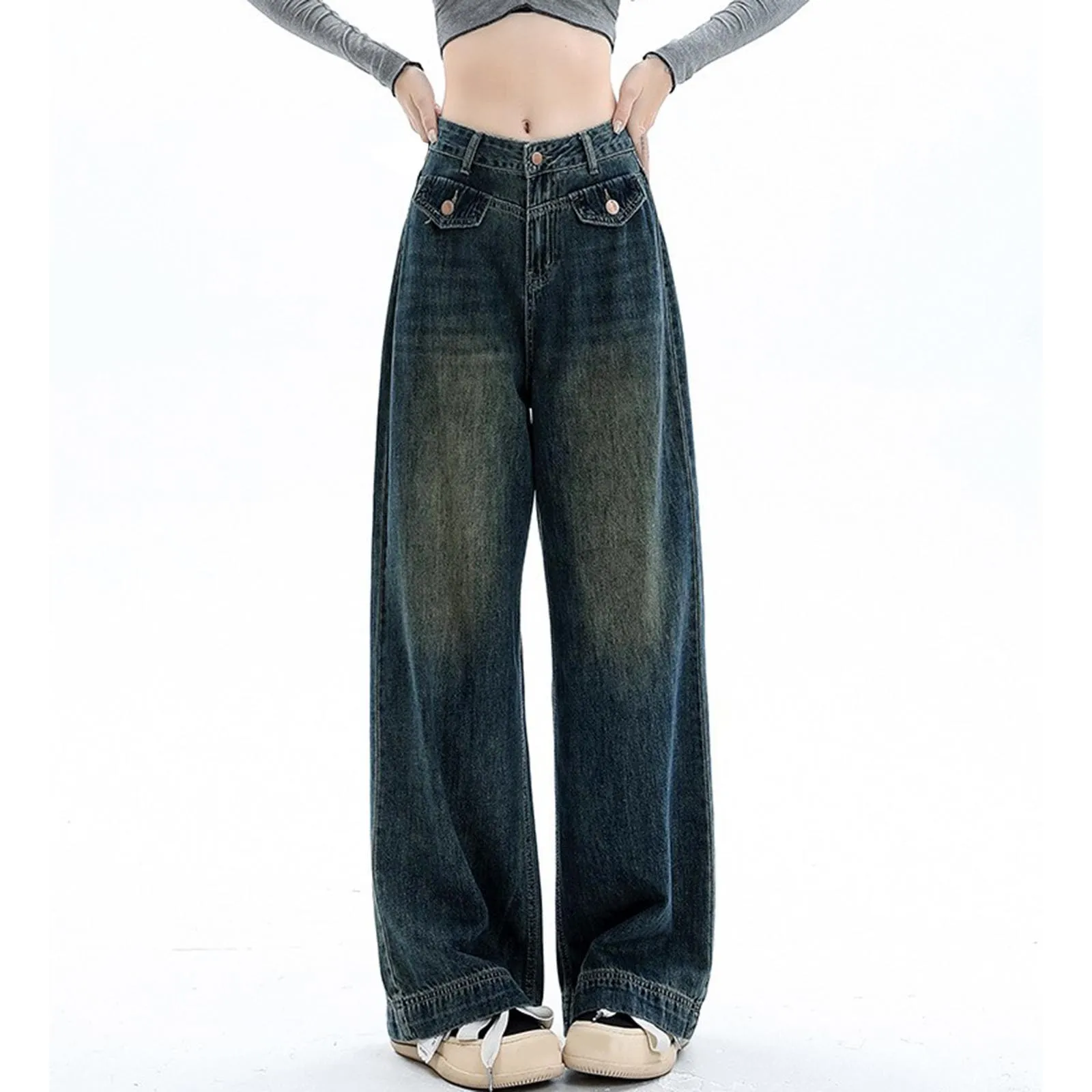 High Waist E Girl Style Casual Baggy Jeans Streetwear Vintage Loose Fit Denim Trousers Fashion Distressed Wide Leg Pants Women