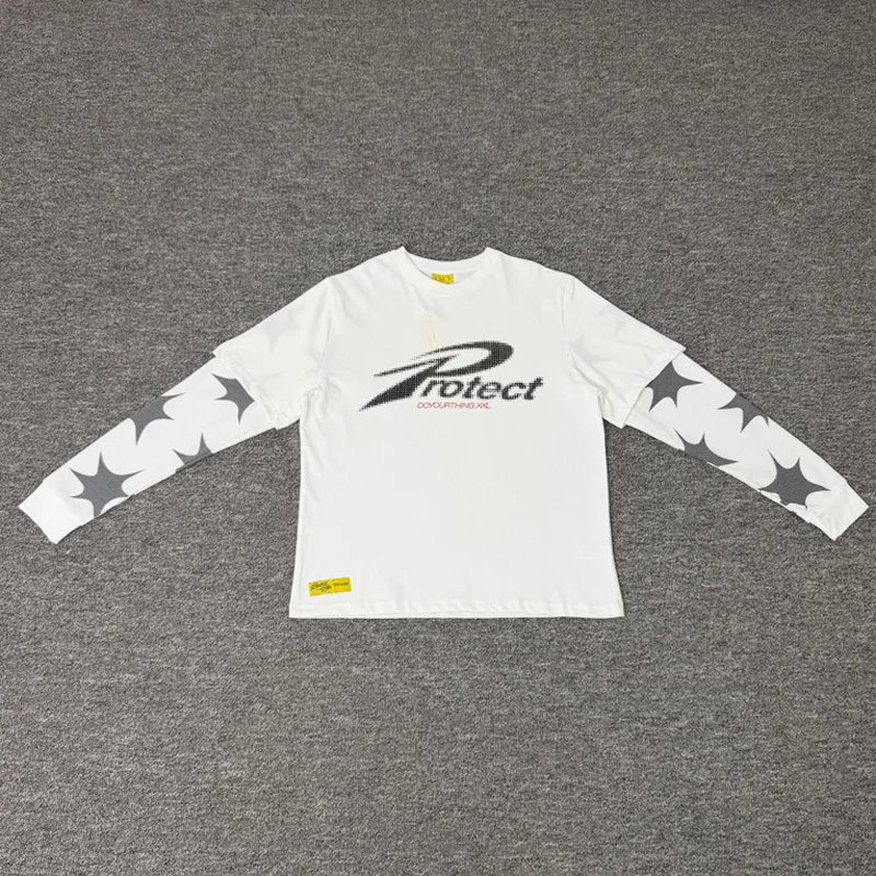 American Street Fake Two Piece Protect Long Sleeve T-Shirts Front Letter Print Star Sleeve Patchwork Loose Man Woman Tees