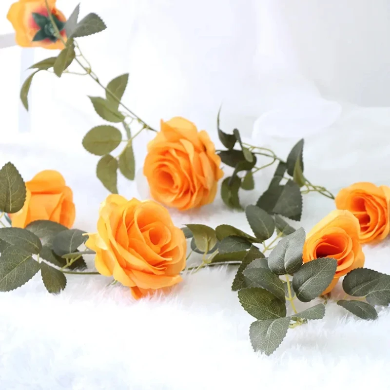 Orange Silk Artificial Roses Flower Rattan String Vine with Green Leaves for Home Wedding Garden Decoration Hanging Garland Wall