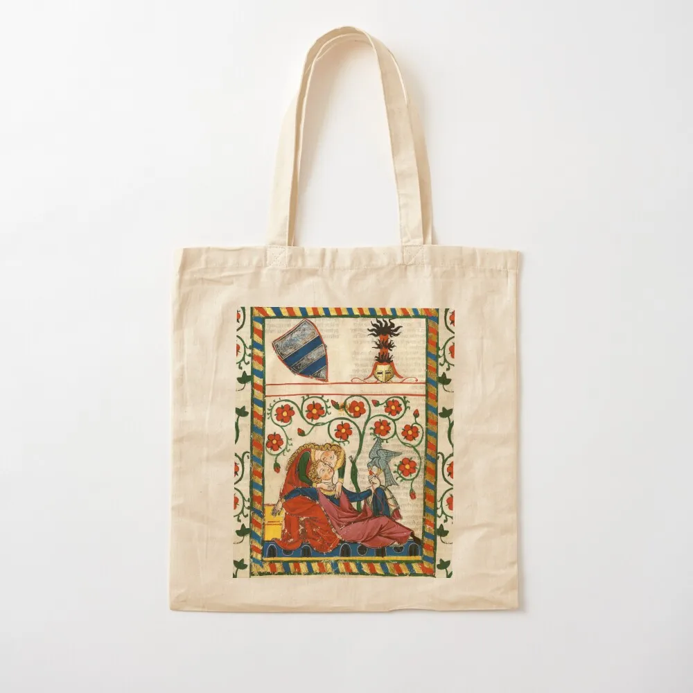 

ROMANTIC LOVERS , MEDIEVAL MINIATURE WITH WILD ROSES Tote Bag handbag women bag Canvas Tote Bag