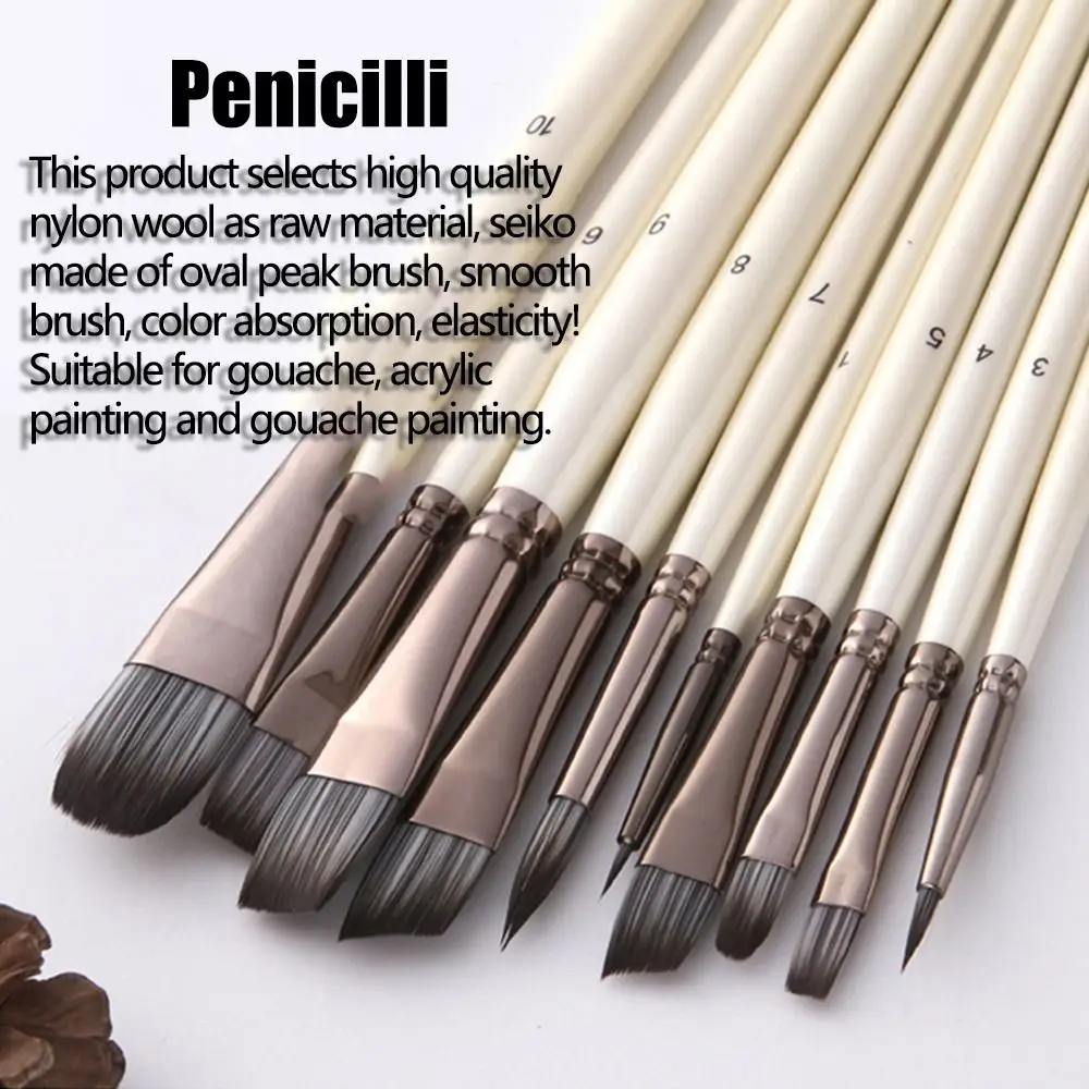 10 teile/satz Nylon Haar Pinsel Set Professionelle Holzgriff Acryl Öl Pinsel Leicht Zu Halten Multifunktional