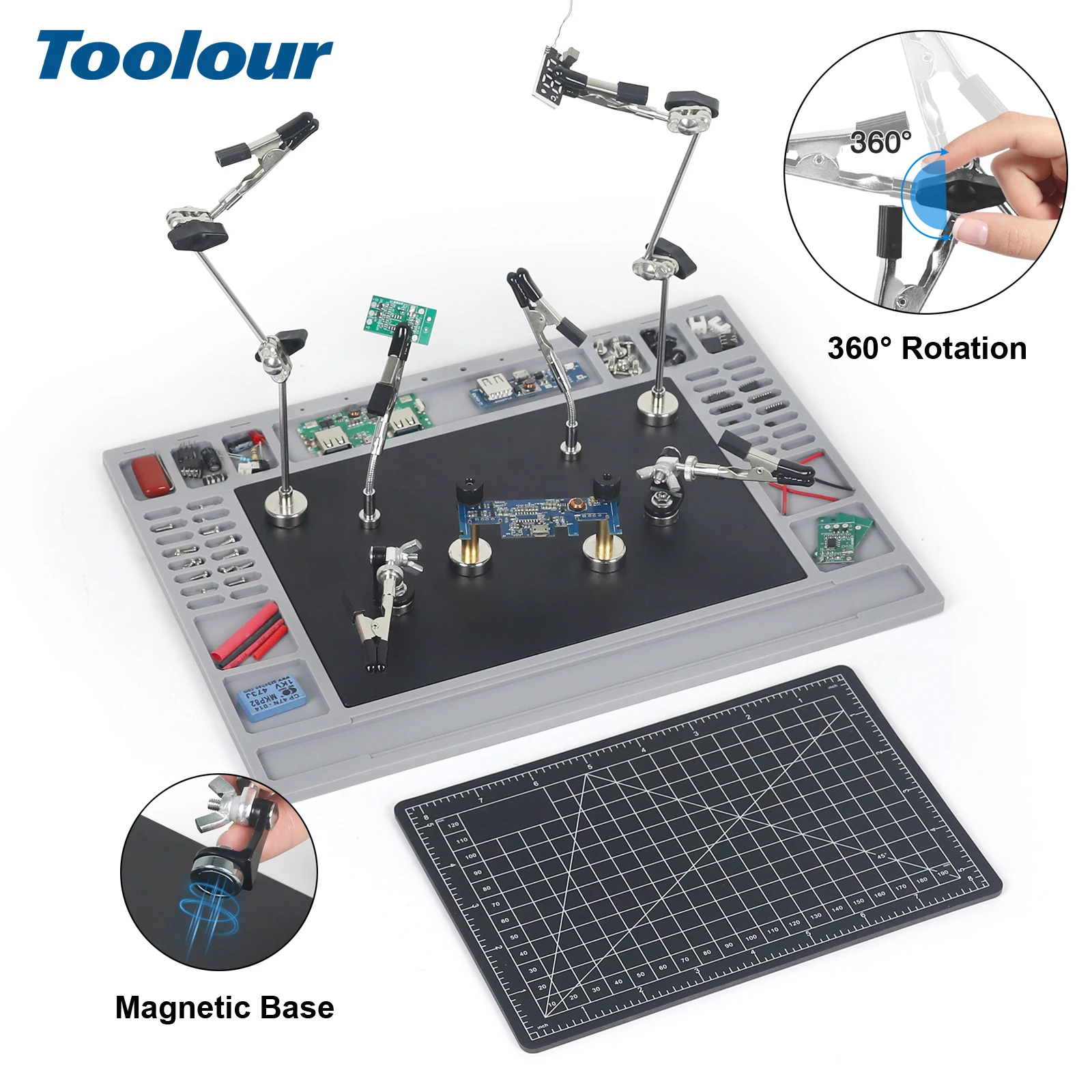 Toolour Magnetic Helping Hands Soldering Station with Heavy-Duty Steel Base, Non-Slip Silicone Pad, Third Hand Soldering Tool