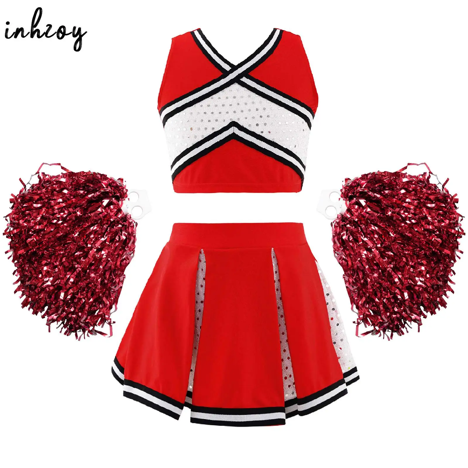 

Kids Girls Cheerleading Costume Uniform Dance Outfits Sleeveless Sequins V Neck Crop Top with Pleated Skirt and Flower Balls Set