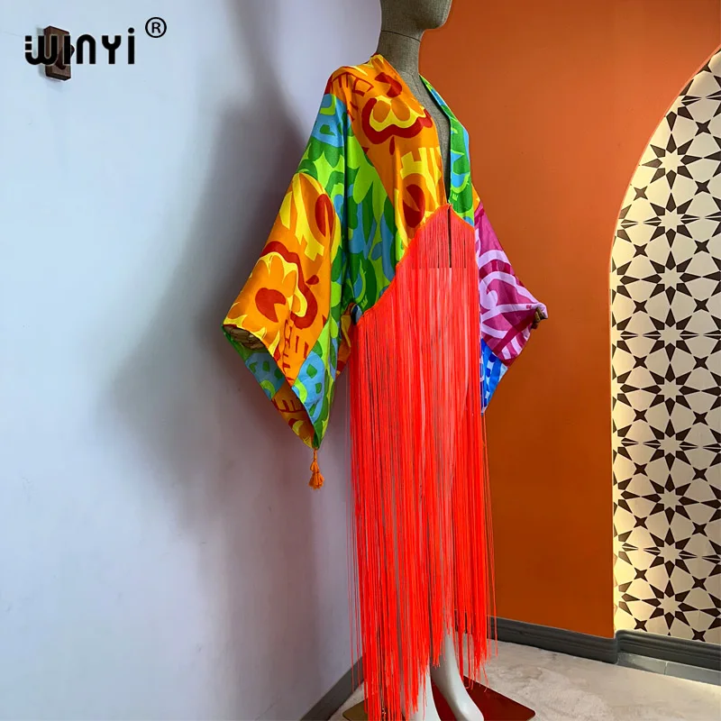 WINYI kimono cover-ups summer boho print Bikini Cover-up fashion Cardigan sexy Holiday long Sleeve tassels maxi dress kaftan