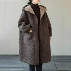 Autunno Inverno Nuovo Cappotto in Lana di Agnello da Donna Imitazione con Cappuccio Allentato Tenere al Caldo Medio Lungo Addensare Tenere al Caldo Giacca di Lana da Donna