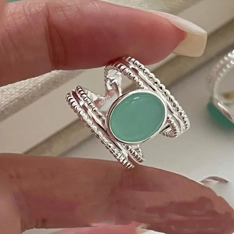 

925 Sterling Silver Rings For Women Geometric Fine Jewelry Finger Adjustable Green Stone Ring For Party Birthday Gift
