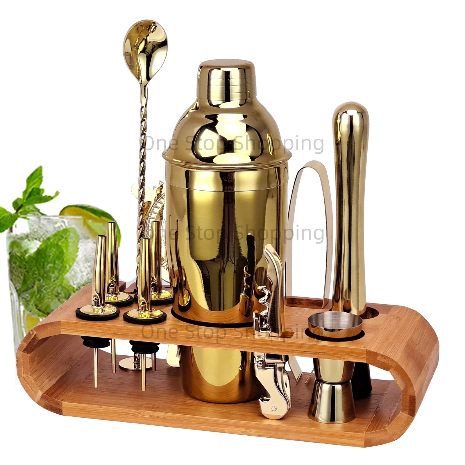12PCS Cocktail Shaker Set Barkeeper Kit Bar Set Bambus Ständer Matini Shaker Rührlöffel Muddler Jigger Cocksrew für Barware Set – Detail 12