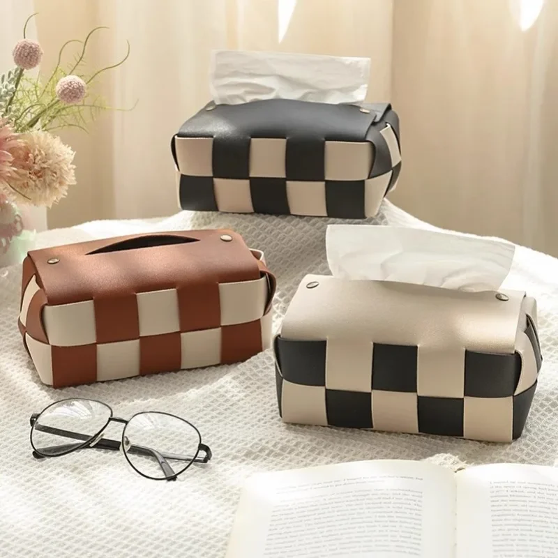 Checkerboard Woven Tissue Box PU Leather Napkin Case Living Room Office Desktop Home Decoration Creative Paper Towel Cover