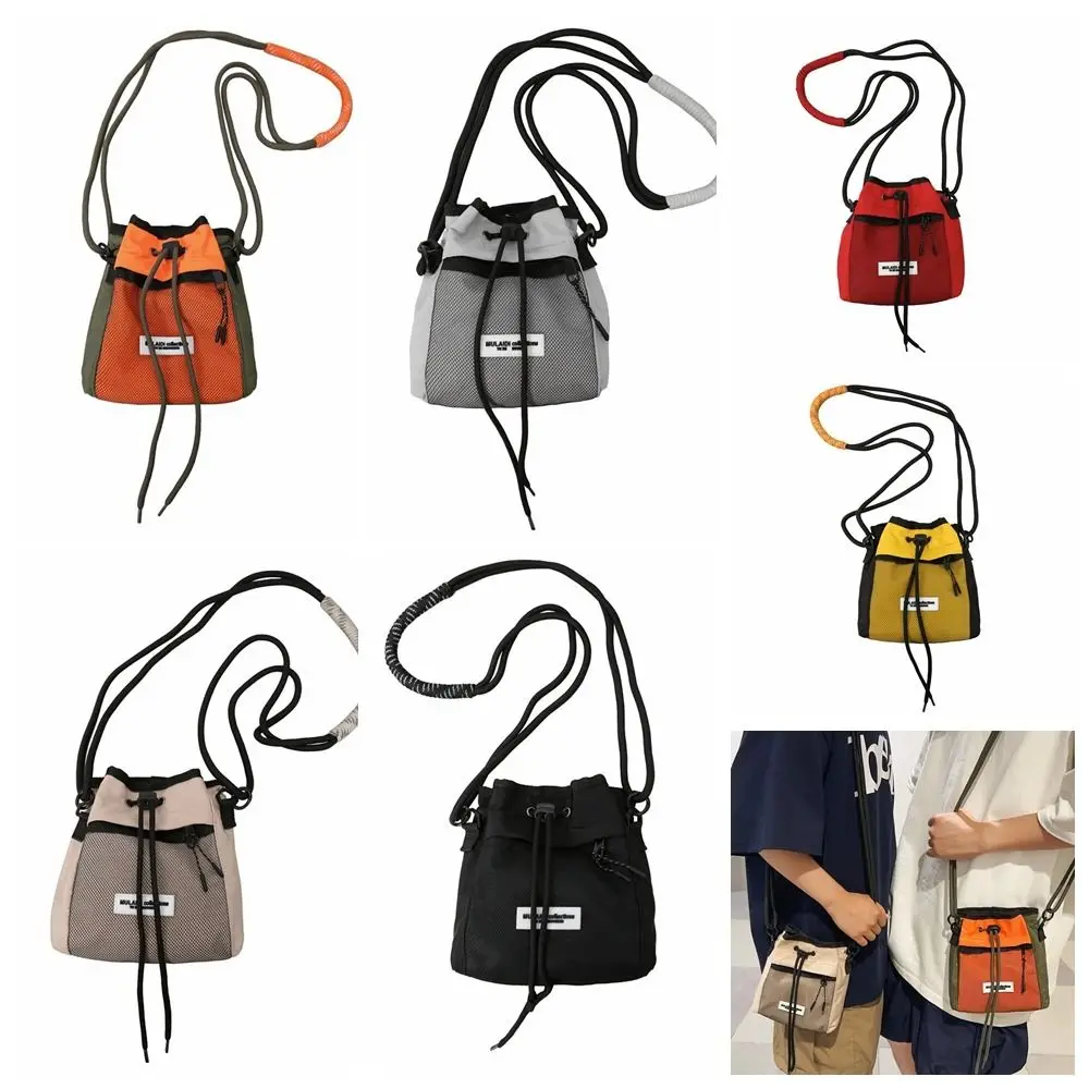 Hiphop Mini Drawstring Shoulder Bag Square Harajuku Crossbody Bucket Bag Lightweight Korean Style Nylon Phone Purses Boys