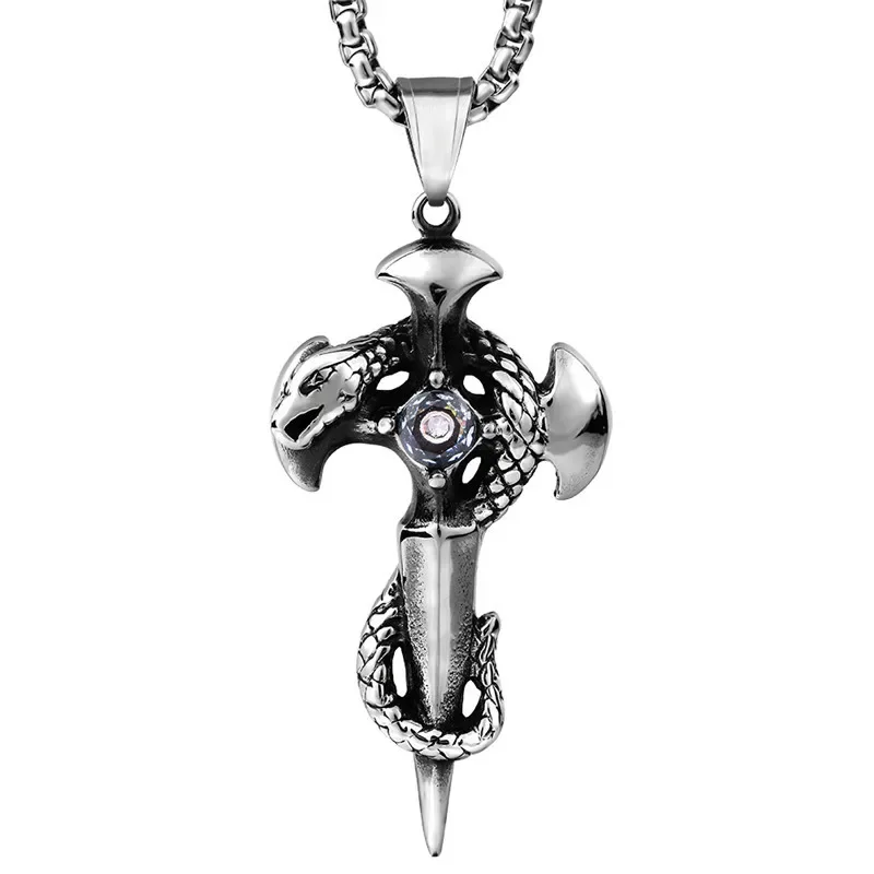 Stainless Steel Zirconia Gothic Dragon Dagger Sword Men's Pendant Necklace Hiphop/Rock Style Charm Jewelry
