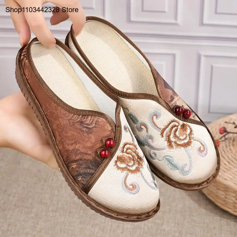 Women\'s 2024 Summer New Breathable Linen Hanfu Shoes Half Slippers Soft Bottom Ethnic Style Embroidered Shoes