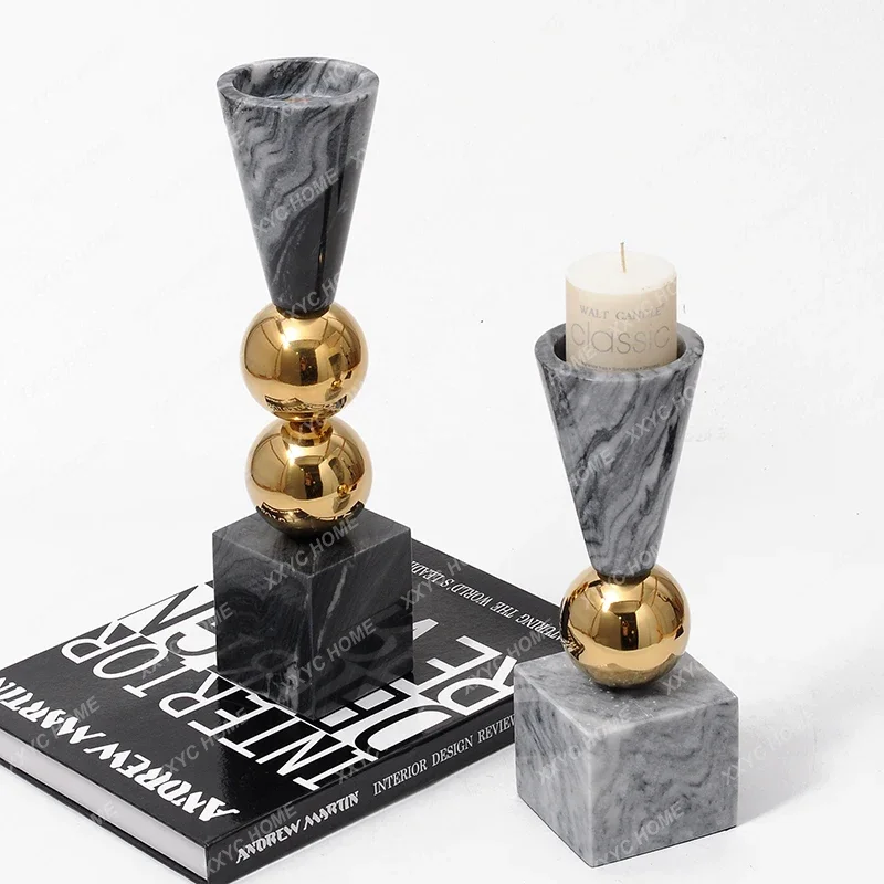 Grey marble candle holder gold globe decor art design candelabra stone candlestick stand holder