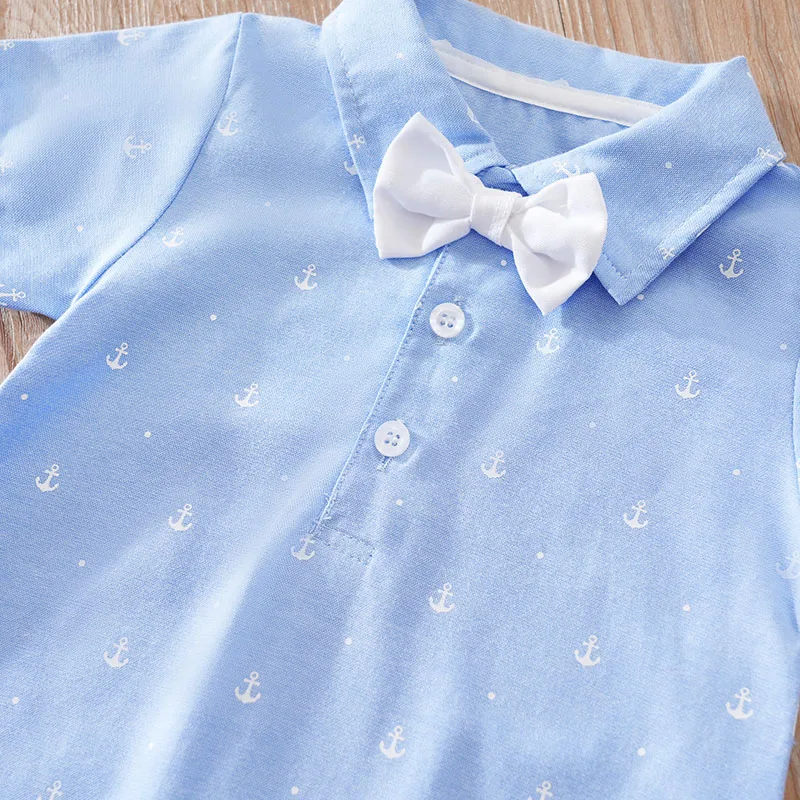 Summer Newborn Boys And Girls Cute Bow Sea Anchor Full Print Comfortable Cotton Short Sleeve Jumpsuit