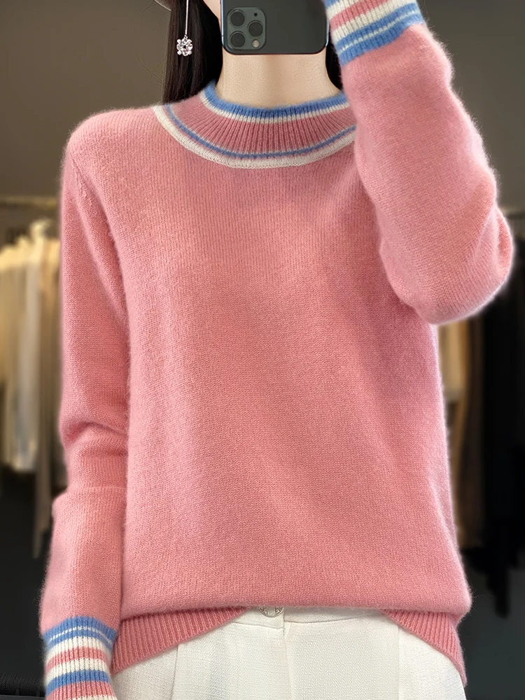 100% Wool Knitted Pullover Women\'s New Tops Autumn Winter Half Turtleneck Bottom Shirt Fashion Loose Stripe Woolen Sweater Thick