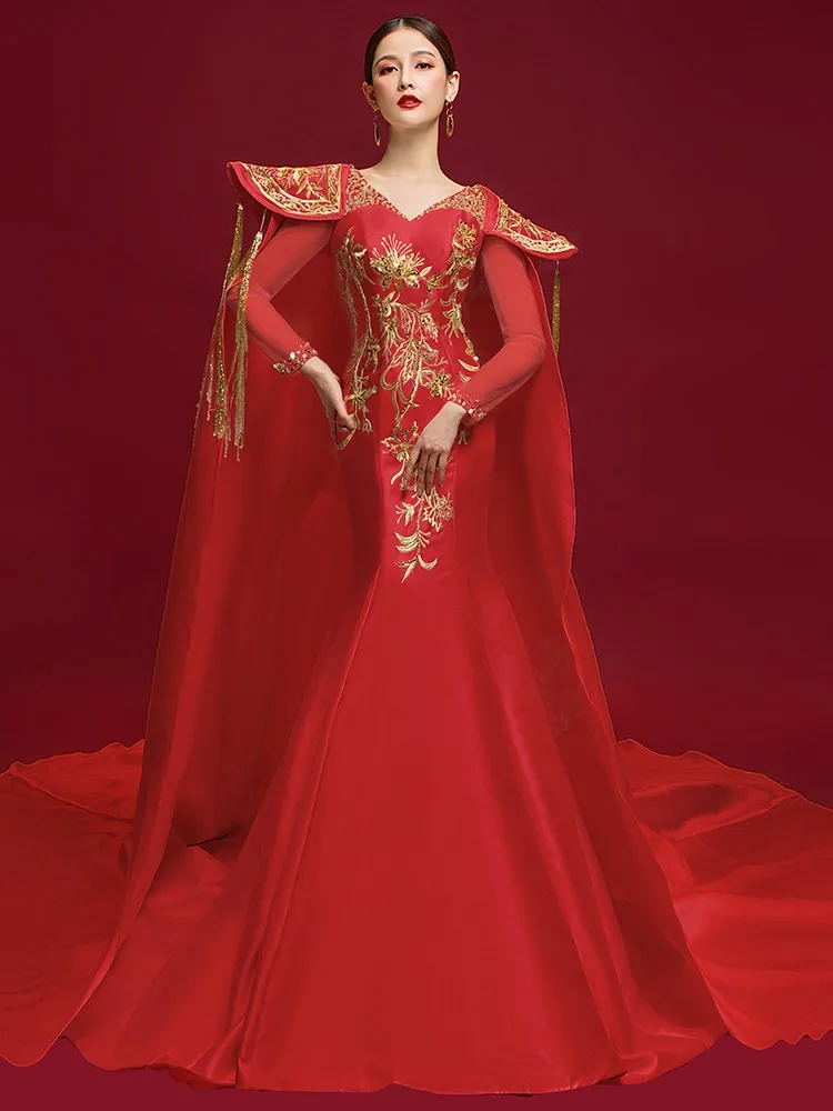 Chinese-style cheongsam fashion show performance costume red trailing host evening dress