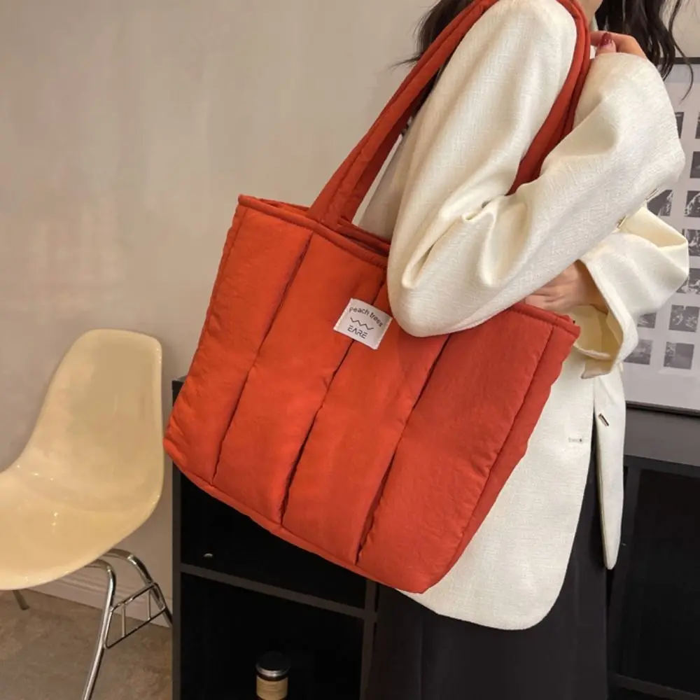 Korean Style Cotton Shoulder Bag Soft Large Capacity Nylon Handbag Solid Color Lightweight Space Cotton Bag Office Worker