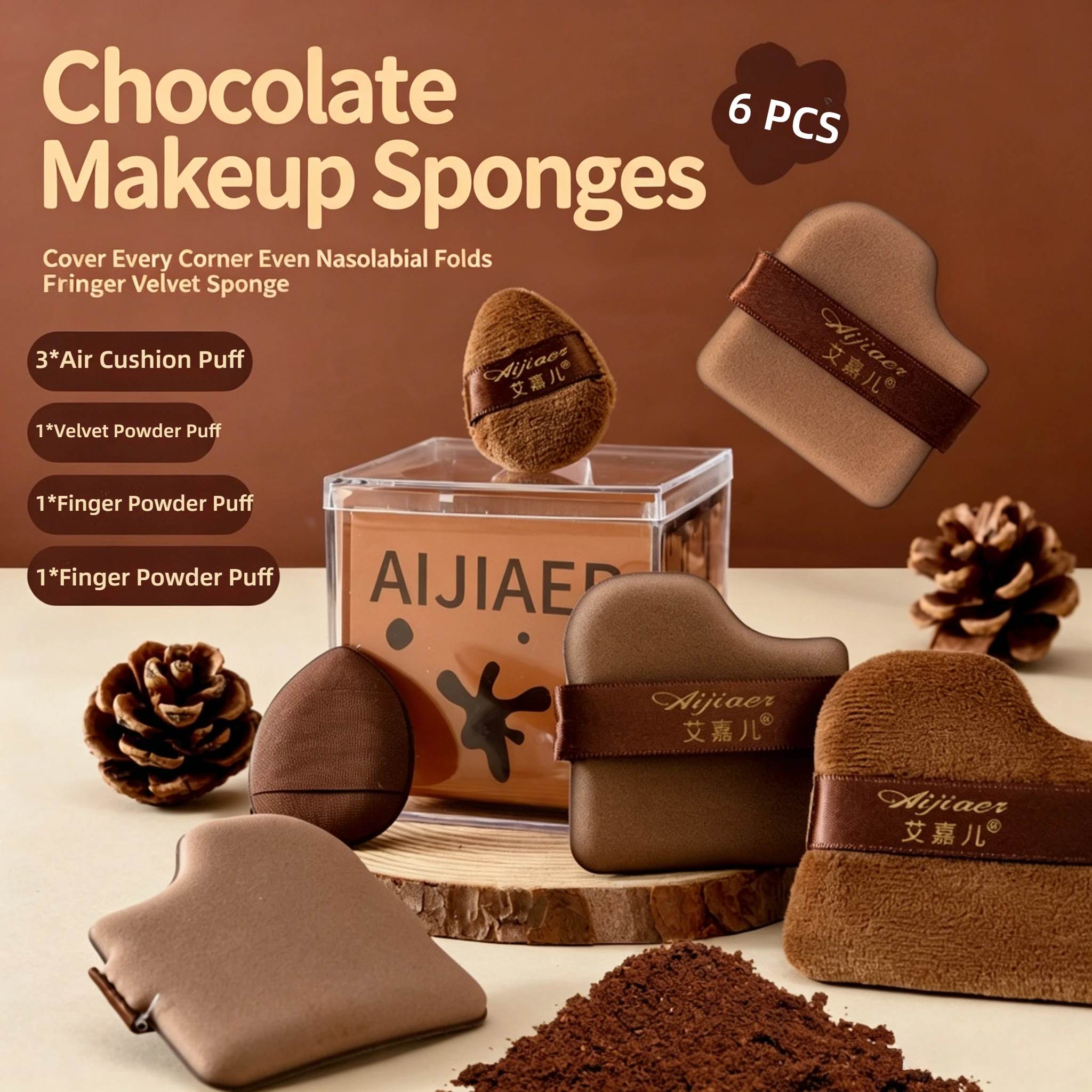 Juego de 6 esponjas de maquillaje color chocolate, esponjas suaves de terciopelo y para base de maquillaje, aptas para aplicaciones en húmedo y en seco