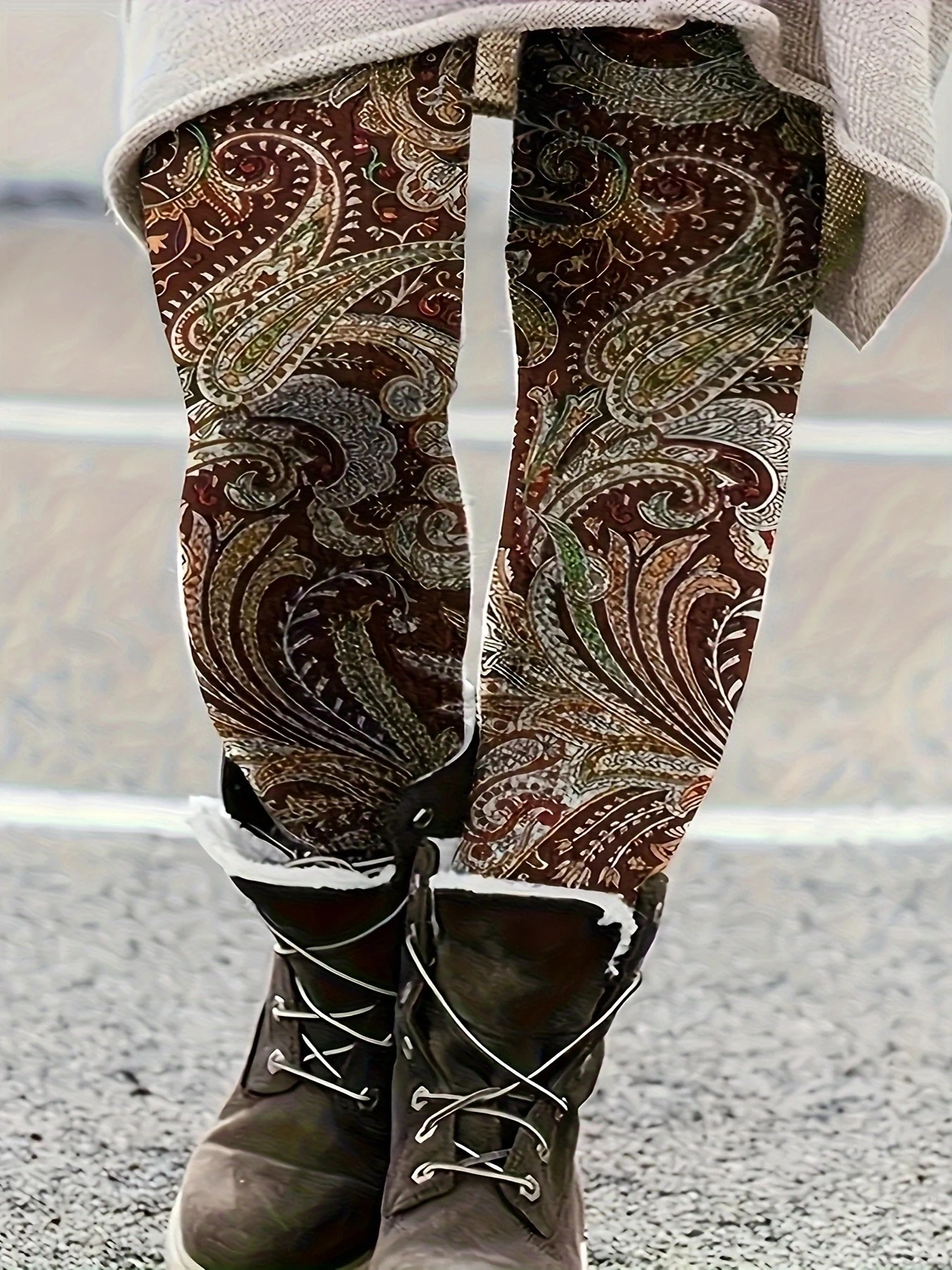 Plus Size Women's Boho Paisley Print Elastic High Rise Slight Stretch Skinny Leggings Fashionable Versatile Commuting Leggings
