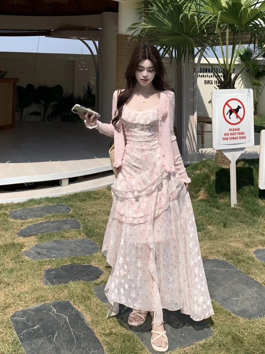 

plus Size Women's Summer Floral Lace Trim Sundress Korean Style Slim Fit High Waist Long Sleeve UV Protection City Commute Dress