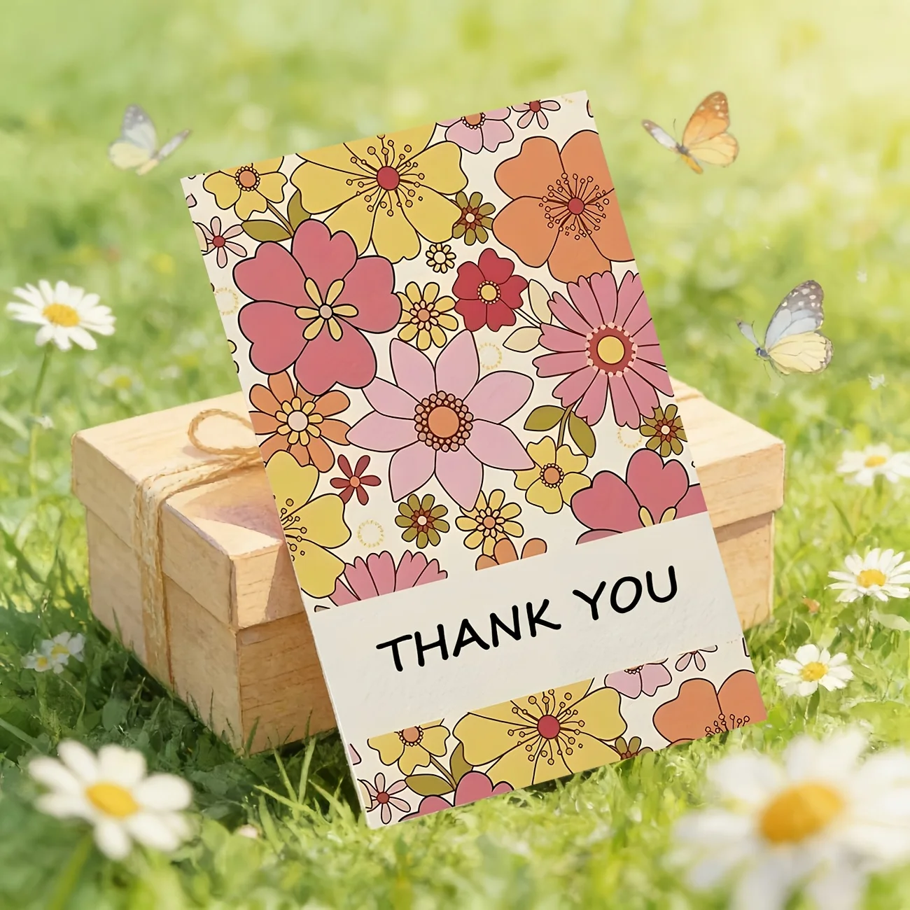 50PCS Colorful Flower Thank You Cards, Elegant English 