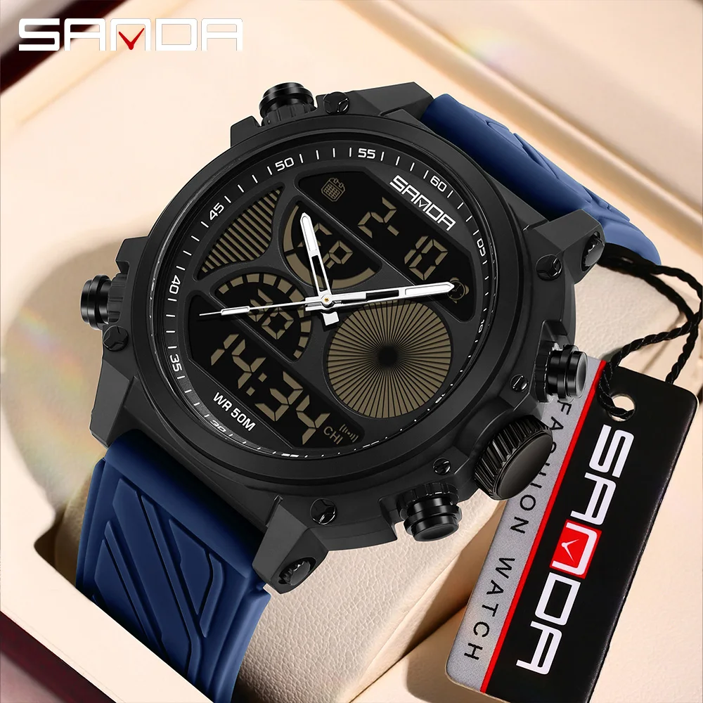 SANDA 6236 Men's Electronic Watch Sport Fashion Large Dial Dual Screen Multi functional Waterproof Men's Electronic Watch