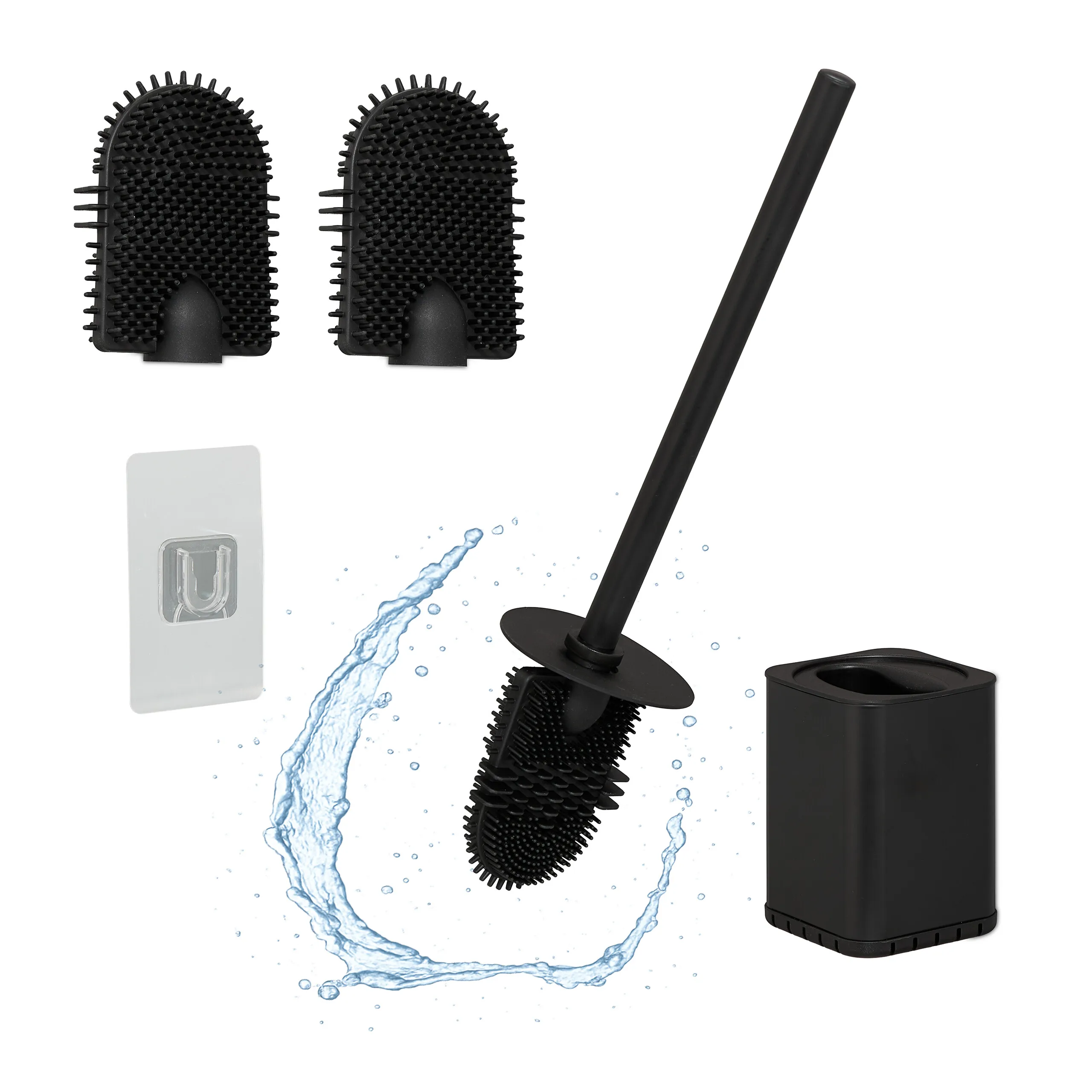 Spazzola per WC, da fissare a parete con adesivo, per WC e bagno, con testina flessibile, 2 testine di ricambio, in acciaio inossidabile, TPR, colore nero, spazzola per WC, Relaxdays.