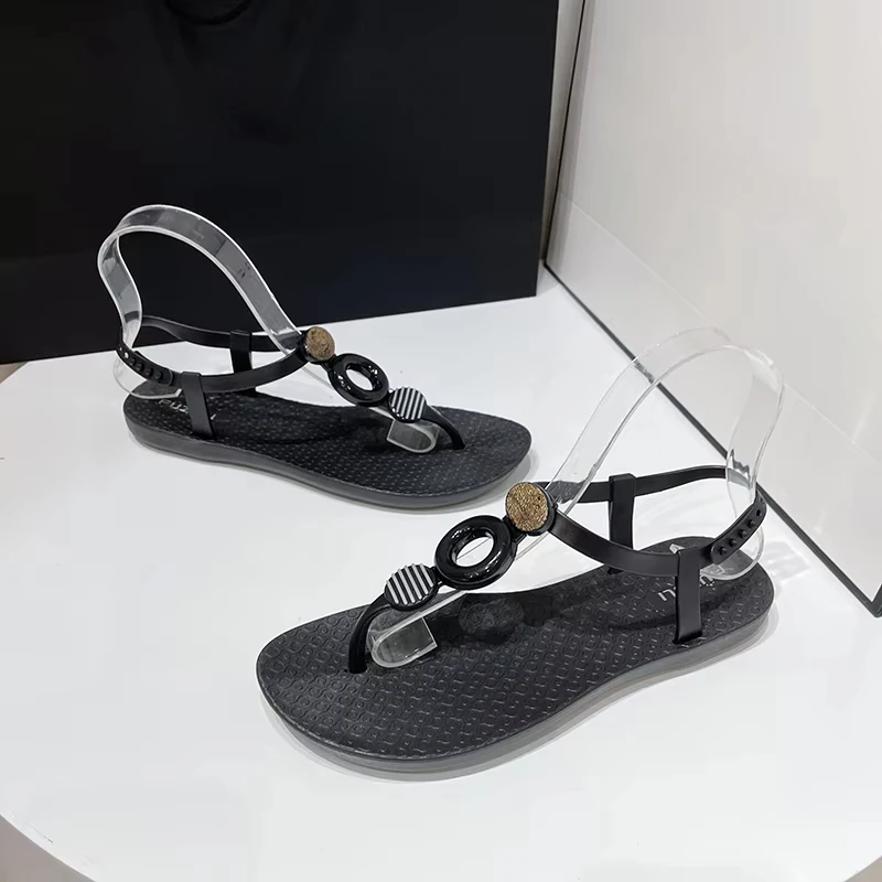 Summer New Flat Shoes Women\'s National One Word Buckle Beach Sandals Soft Soled Herringbone Sandals for Women