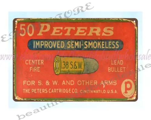 indoor wall art decor Peters 38 S&W Ammo Improved Semi-Smokeless metal tin sign