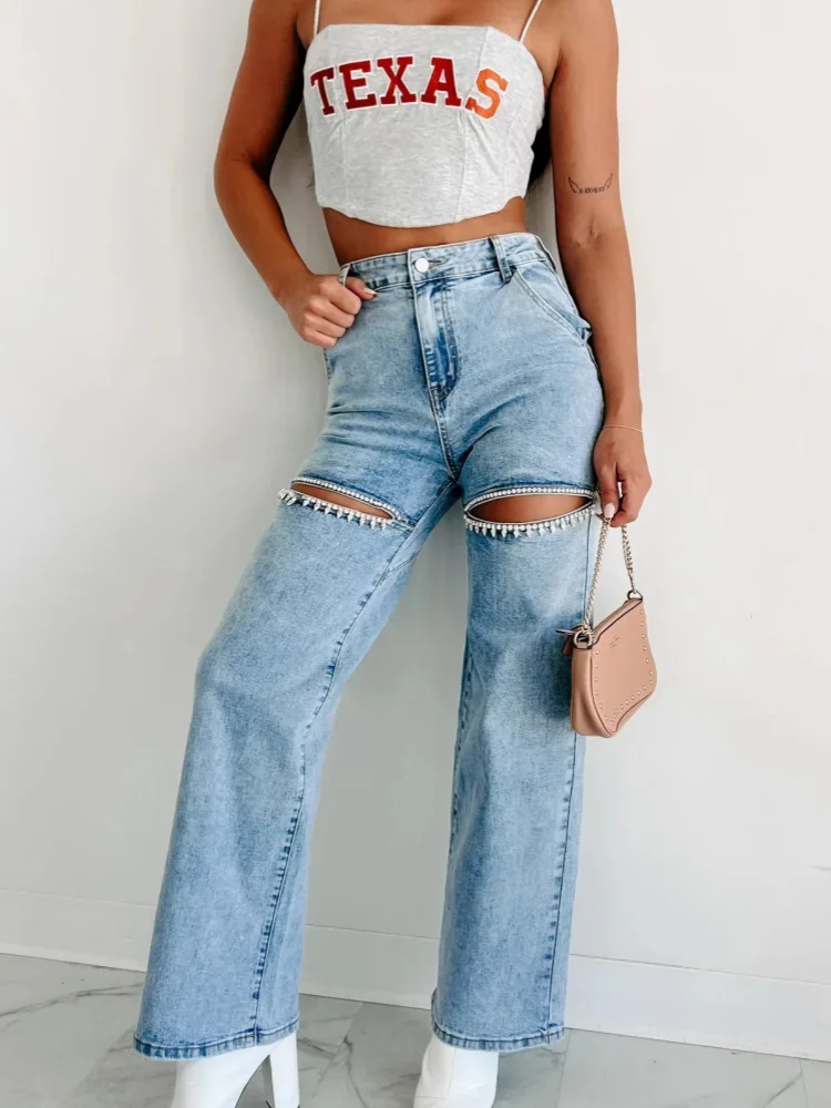 

Women's Open Design Old Wash Jeans High-waisted Wide Leg Straight Vintage Cotton Breathable Pants