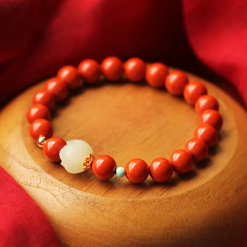 

Cinnabar Buddha bead single ring hand string 8mm lotus hetian jade jewelry bracelet women's national style jewelry bangle free