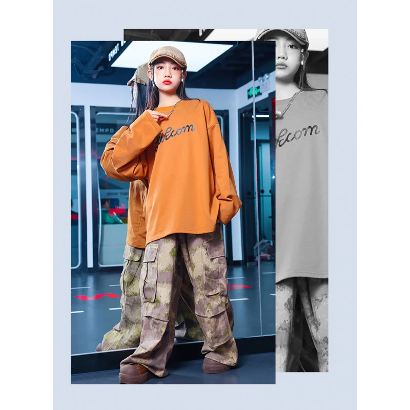 Детский хип-хоп хип-хоп крутой джазовый танцевальный костюм для девочек, байкерский костюм для мальчиков, оранжевый камуфляжный брючный костюм с длинными рукавами
