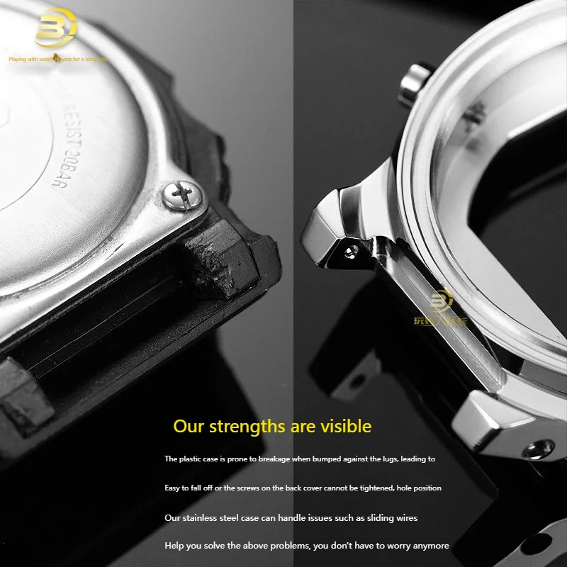 For Casio small square watch 3461 GW-B5600 modified stainless steel inner shell metal damaged, replaced case accessories black
