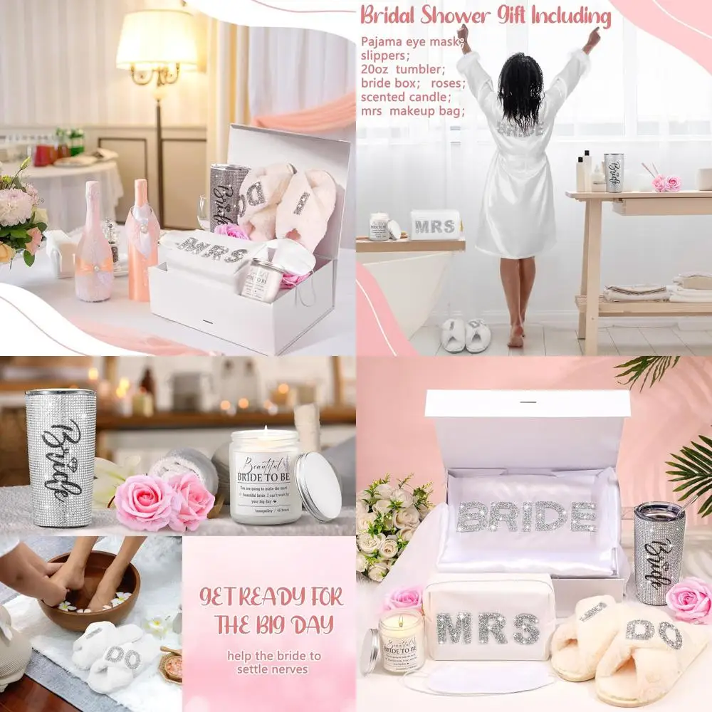 

Luxury Bridal Shower Gift Set: 20oz Tumbler, Slippers, Robe, Makeup Bag, Candle, Blindfold, 2 Artificial Roses