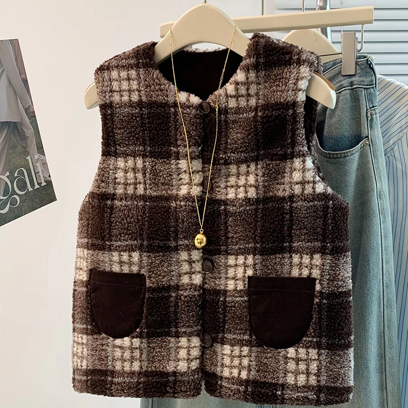 

Женский свободный жилет из меха ягненка, зимняя новая верхняя одежда, теплая клетчатая куртка с перекрытием для поездок на работу, хлопок, полиэстер, Thiened round Ne
