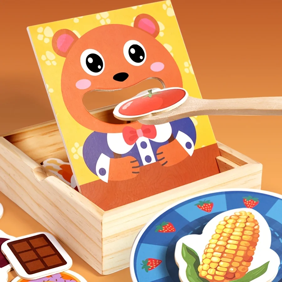 Bear Feeding Role-Play Toy in Wooden Box – Pretend Play Learning Game for Kids, Fine Motor & Cognitive Development Toy