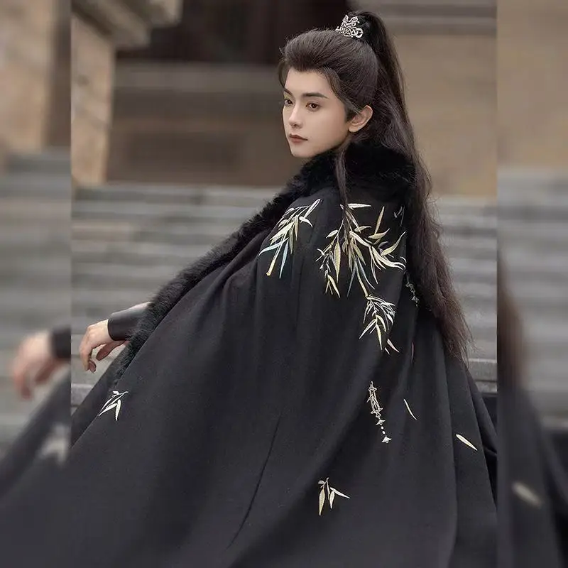 Thicken Velvet Ancient Martial Art Bamboo Embroidery Hanfu Cloak for Boys Men Carnival Cosplay Photos Wear Plush Collar - Image 2